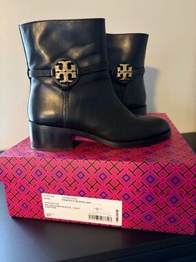 Tory Burch Black Leather Ankle Boots with Gold Logo